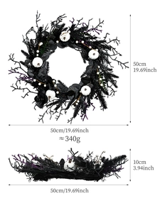 Detailed view of Halloween wreath with white pumpkins and dimensions of 50cm diameter