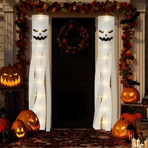 Halloween Glowing Ghost Windsock White Hanging Fabric Flag Outdoor Decoration With Led Light For Patio Yard Party Decor