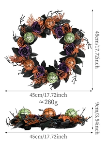 Detailed view showing dimensions of 45cm Halloween wreath with spiders and glitter roses