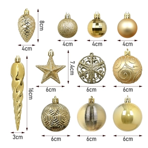 44-piece gold Christmas ornament set with diverse textures, shapes and size dimensions