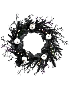 Detail of Halloween wreath with black twigs, white pumpkins, and purple glitter accents