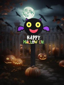 Halloween Fledermaus Gartenschild mit lila Flügeln vor gruseligem Friedhofshintergrund