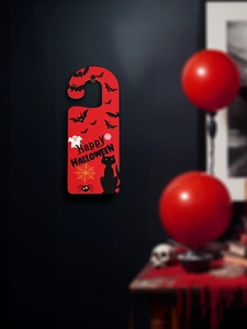Detail of red Happy Halloween door hanger with bats, black cat and ghost graphics