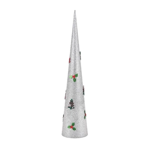 Detail of silver glitter Christmas cone tree with red berry and holly leaf accents