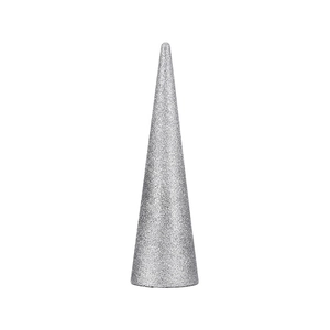 Detailed view of silver glitter cone-shaped Christmas ornament with reflective finish