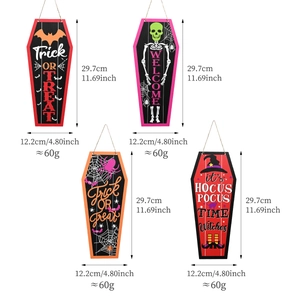 Halloween coffin-shaped wooden door hangers set with spooky patterns and hanging ropes