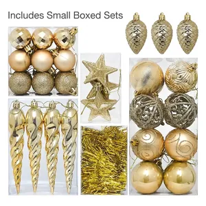 44pcs gold Christmas ornament set with glitter stars, icicles and textured tree baubles