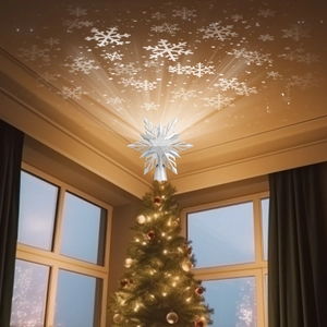 Close-up of silver glitter snowflake tree topper projecting dynamic snow onto the ceiling