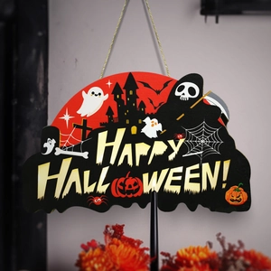 Halloween LED Light Up Wooden Door Sign Hanging Ornament Grim Reaper Ghost Castle Pumpkin Wall Decor For Party Home