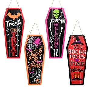 Halloween coffin-shaped wooden door hangers set featuring bats, spiders and festive patterns
