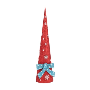 Detail of red glitter cone Christmas ornament with white snowflakes and blue bow decoration