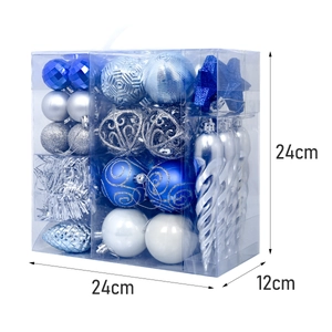 Detailed set of 44 blue and silver Christmas ornaments with 24x24x12cm box packaging size