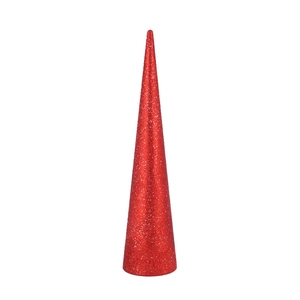 Detailed view of a red glitter Christmas cone ornament with reflective sparkly texture