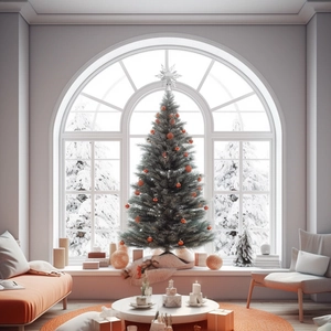 Cozy indoor Christmas tree decorated with red baubles and white star topper by the window