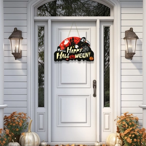 Halloween Happy Halloween wooden door sign with ghosts and pumpkins hanging on white front door
