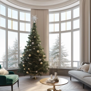 Close-up of sparkling silver star tree topper on a decorated Christmas tree in a bright room