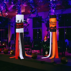 Halloween windsock duo with witch and pumpkin prints for spooky outdoor party decoration