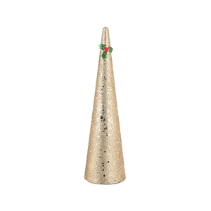 Close-up of golden glitter Christmas cone ornament with holly leaf and berry details