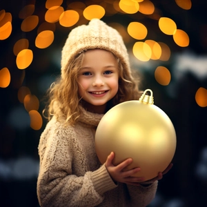 Large matte gold Christmas bauble held by a girl in a warm festive setting
