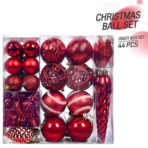 Detailed set of 44 red Christmas ornaments with matte, glitter and hollow textures