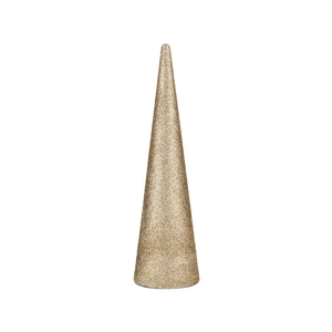 Detail of a slender golden glitter cone decoration for modern festive home tabletop styling