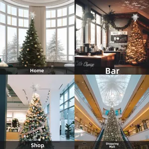 Silver snowflake Christmas tree topper shown in home, bar, store and mall settings