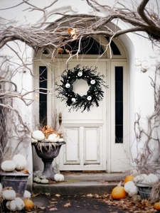 Detail of Halloween wreath with black branches and white pumpkins on a white door