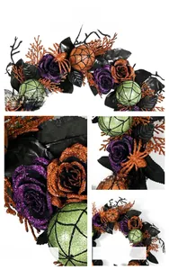 Detail of Halloween wreath with sequined roses, glitter web balls and dark branches