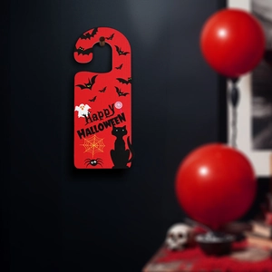 Red wooden Halloween door hanger with Happy Halloween text and spooky party illustrations