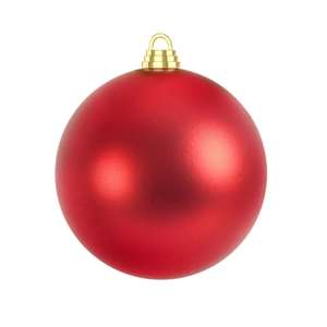 Detail of red matte Christmas ball with golden hanging cap on a white background