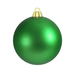 Detailed view of an emerald green matte finish Christmas ball ornament with a gold cap