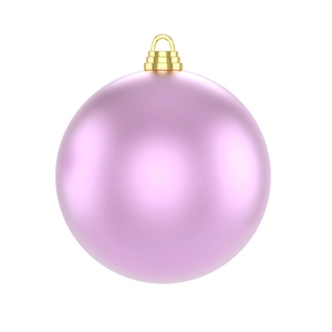 Close-up of matte lilac Christmas ornament with golden cap and hook on white backdrop