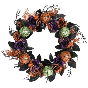 Halloween Artificial Floral Wreath With Glitter Rose Spider Web Ornaments Black Wood Vine Base Door Wall Hanging Decoration