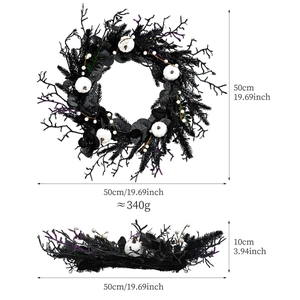 50cm Halloween black wreath with white pumpkins and pine needles for door decoration