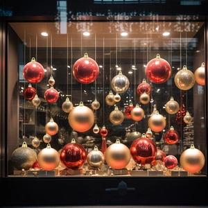 Detailed close-up of mixed matte, glossy, and glitter Christmas baubles with gold caps