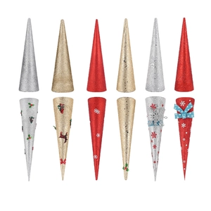 Set of 12 glittery cone Christmas ornaments with festive reindeer and snowflake patterns