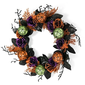Halloween wreath with spider web balls, faux roses, and orange spiders on black branches