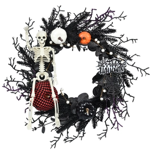 Halloween wreath with skeleton, colorful pumpkins and Happy Halloween sign on black pine