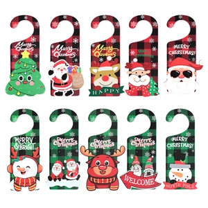 Set of 10 Christmas wooden ornaments featuring buffalo plaid patterns and cartoon characters