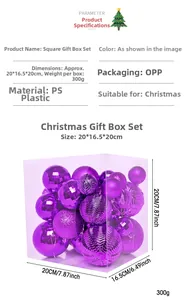 Detailed view of purple Christmas ball set in transparent box with dimension specs