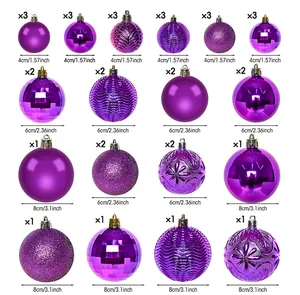 Detailed size chart for 36-piece purple Christmas ball set with 4cm, 6cm, and 8cm ornaments