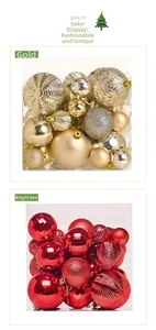 Detailed set of gold and red Christmas balls in shiny, matte and glitter finishes