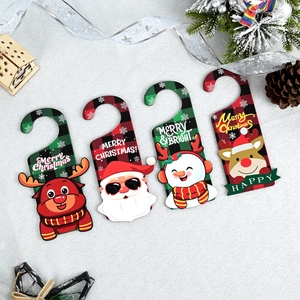 Set of 4 Christmas wooden door signs featuring reindeer and Santa on a plaid background
