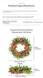 Detail of red berry Christmas wreath showing 40x40x11cm dimensions and plastic materials