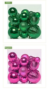 Detail of green and rose red Christmas ball ornaments set in various matte and glitter finishes