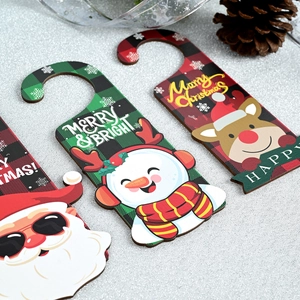 Plaid Christmas wood hanging sign with Santa, Snowman and Reindeer on silver background