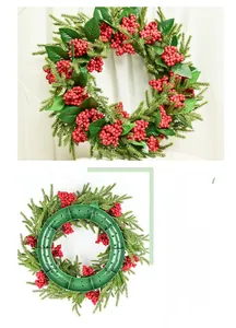 Detailed back view of a red berry wreath showing its green plastic hanging support
