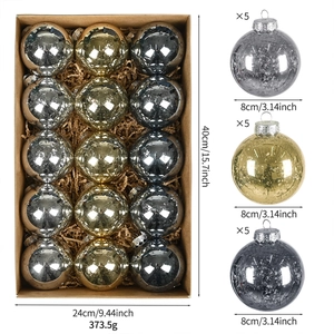 Set of 15 Christmas ornaments in gold, silver and grey with 8cm diameter specifications