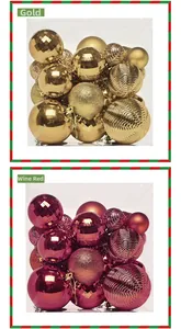 Detail of gold and wine red Christmas ornaments with matte, glitter and glossy textures