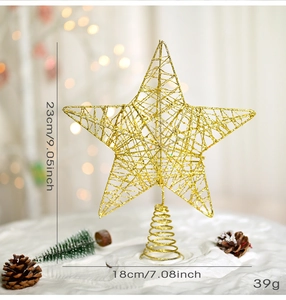 Detailed view of 23cm gold glitter hollow star tree topper with spiral metal base